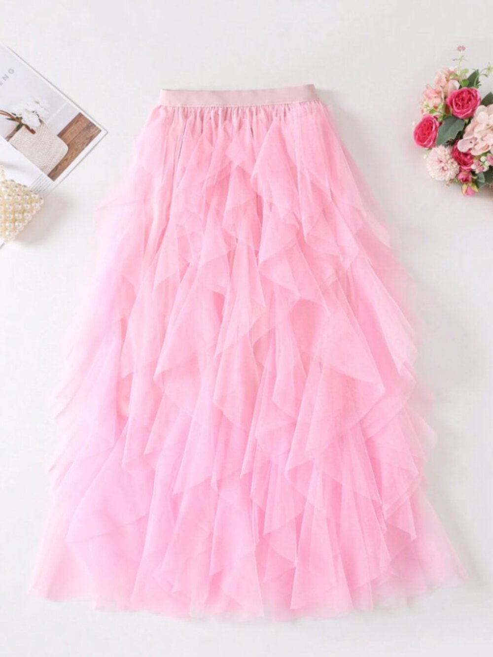 Women's Pink Asymmetric Ruffled Layer Cake Mesh Tutu Skirt XL